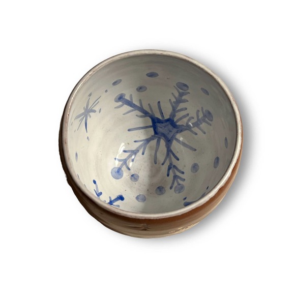 Blue & White Bowl with Snowflakes in Blue and Silver on Terracotta Pottery - Picture 3 of 10